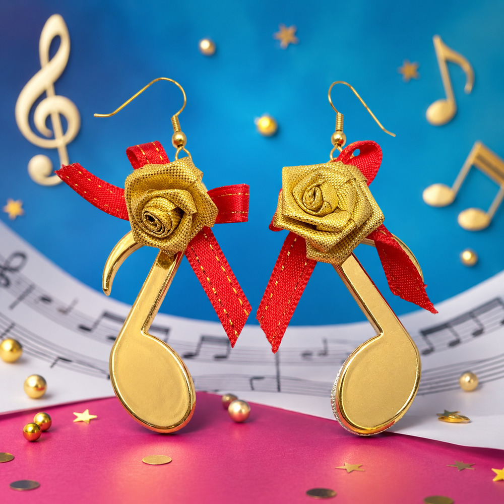Vintage 1980's Gold Tone Acrylic Music Note Rose Bow Dangle Earrings Novelty